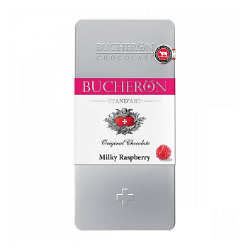 Шоколад BUCHERON молочный c кусочками малины 72% 100г ж/б