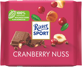 Шоколад RITTER SPORT молочный  с кусочками клюквы и орехом лещины 100г