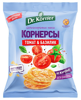 Чипсы Dr.Korner цельнозерновые Кукурузно рисовые с томатом и базиликом 50г