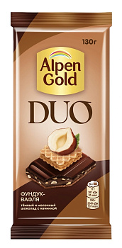 Темный и молочный шоколад ALPEH GOLD с начинкой с какао, фундуком и вафельной крошкой в карамели 130