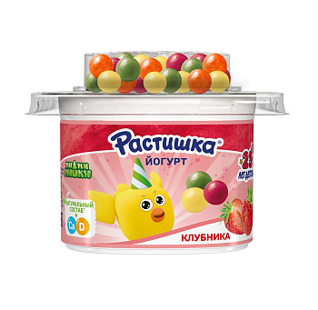 Йогурт РАСТИШКА Клубника и злаковые драже в цветной глазури вкус банан апельсин 3% 116г Продукт без 
