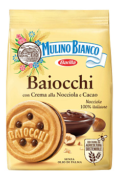Печенье "Mulino Bianco" сахарное Байокки с какао-ореховым кремом 260г