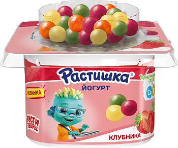 Йогурт  Растишка Клубника и злаковые драже в цветной глазури вкус банан апельсин 3% 116г Продукт без