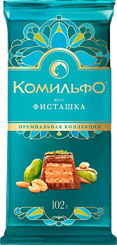 Шоколад Комильфо Молочный и белый с вафлей, со вкусом фисташки, декор. фисташкой и арахисом 102г